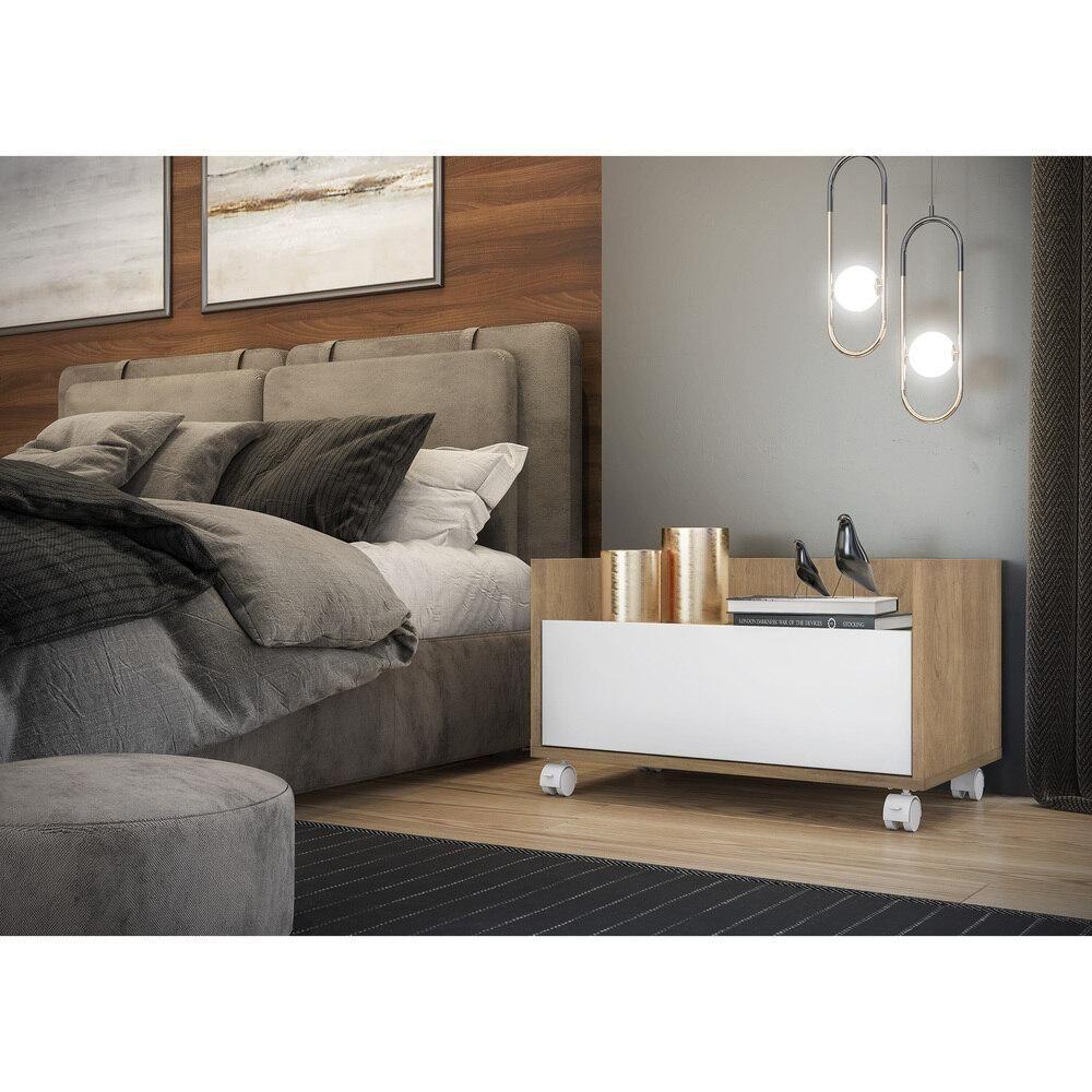 Kit Com 2 Mesas De Cabeceira 80Cm Com Rodízios Multimóveis V4007 Rustic/Branca Rustic/Branco - 2