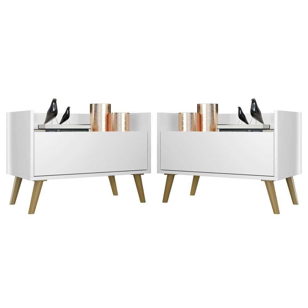 Kit Com 2 Mesas De Cabeceira 60Cm Retrô Multimóveis V3633 Branca/Natural Branco/Natural - 1