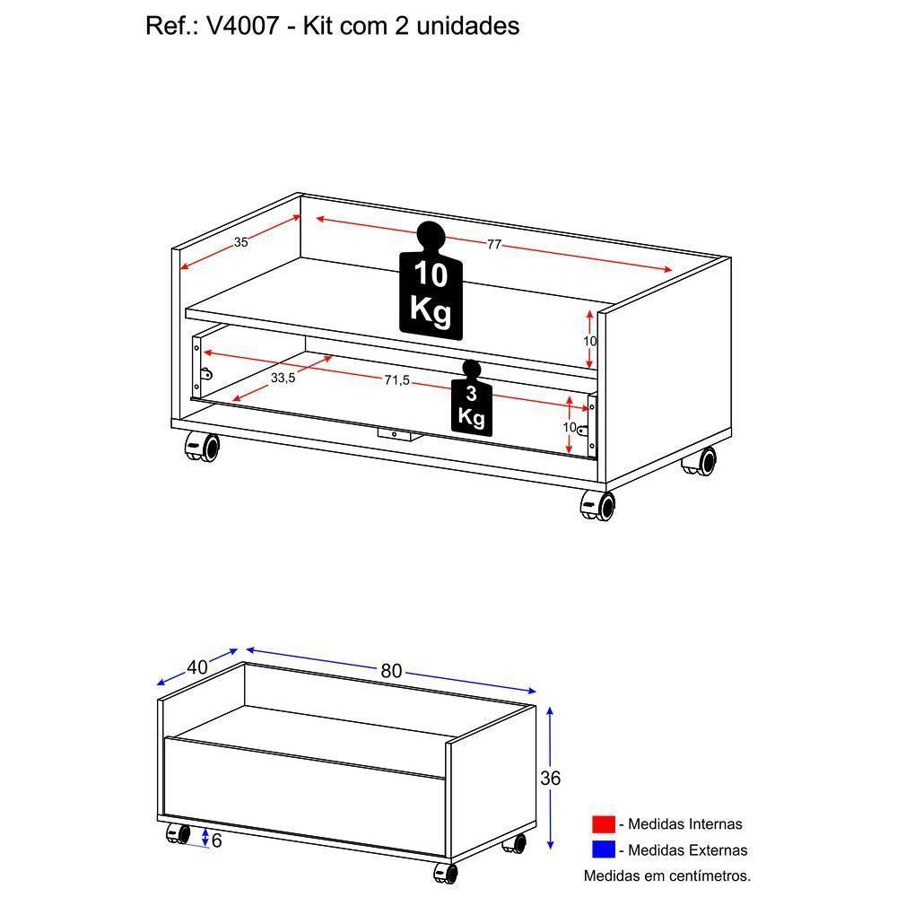 Kit Com 2 Mesas De Cabeceira 80Cm Com Rodízios Multimóveis V4007 Preta Preto - 5