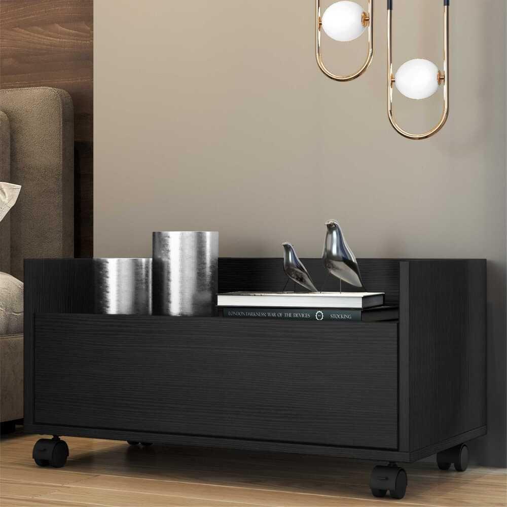 Kit Com 2 Mesas De Cabeceira 80Cm Com Rodízios Multimóveis V4007 Preta Preto - 9