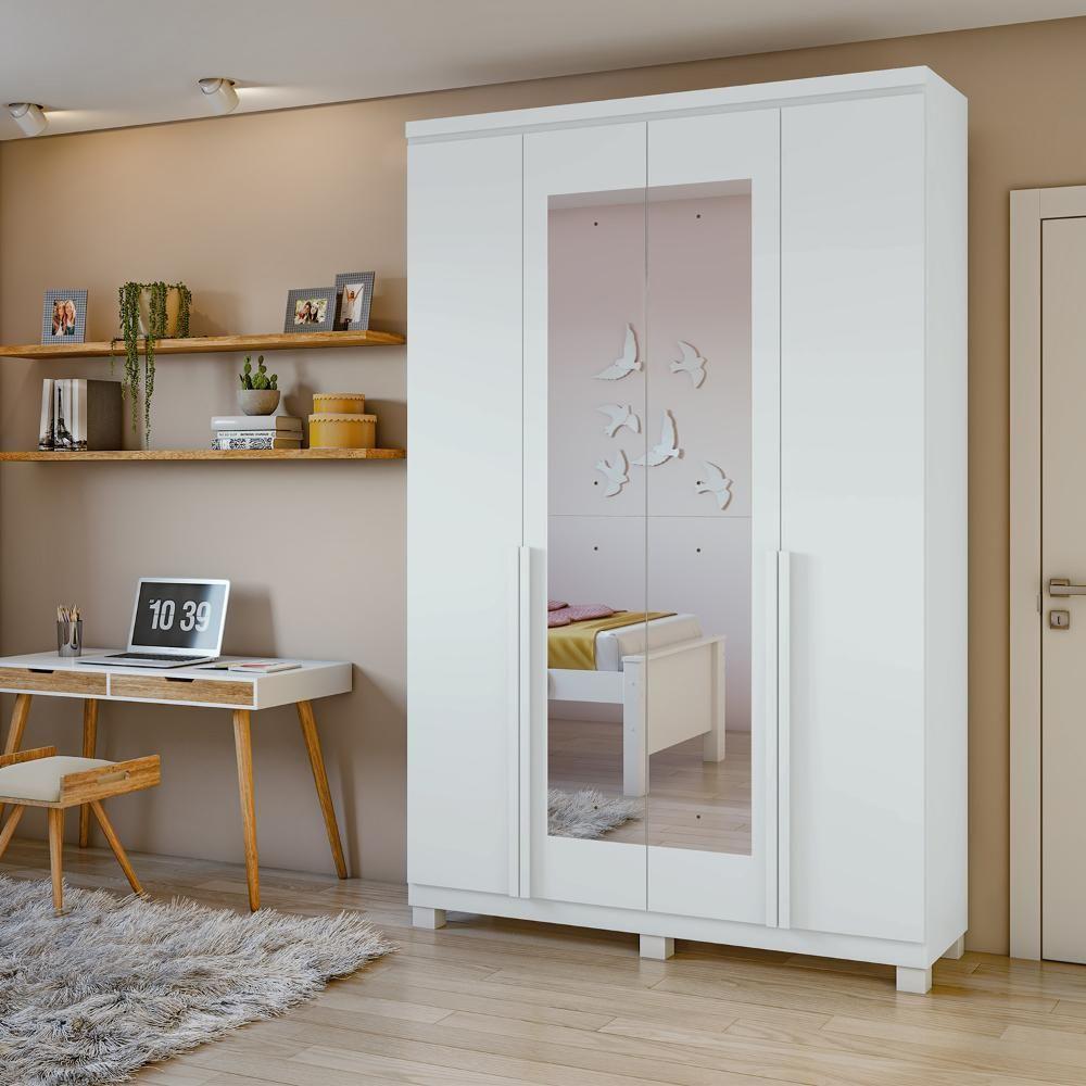 Guarda-roupa Solteiro Alonzo 4 Portas 2 Gavetas Com Espelho Branco Lopas - 1