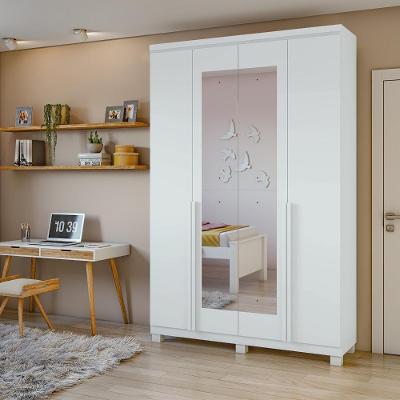 Guarda Roupa Solteiro Alonzo 4 Portas de Bater 2 Gavetas Branco MDF com Espelho