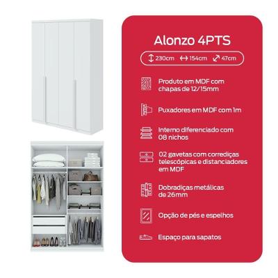 Guarda Roupa Solteiro Alonzo 4 Portas de Bater 2 Gavetas Branco MDF com Espelho