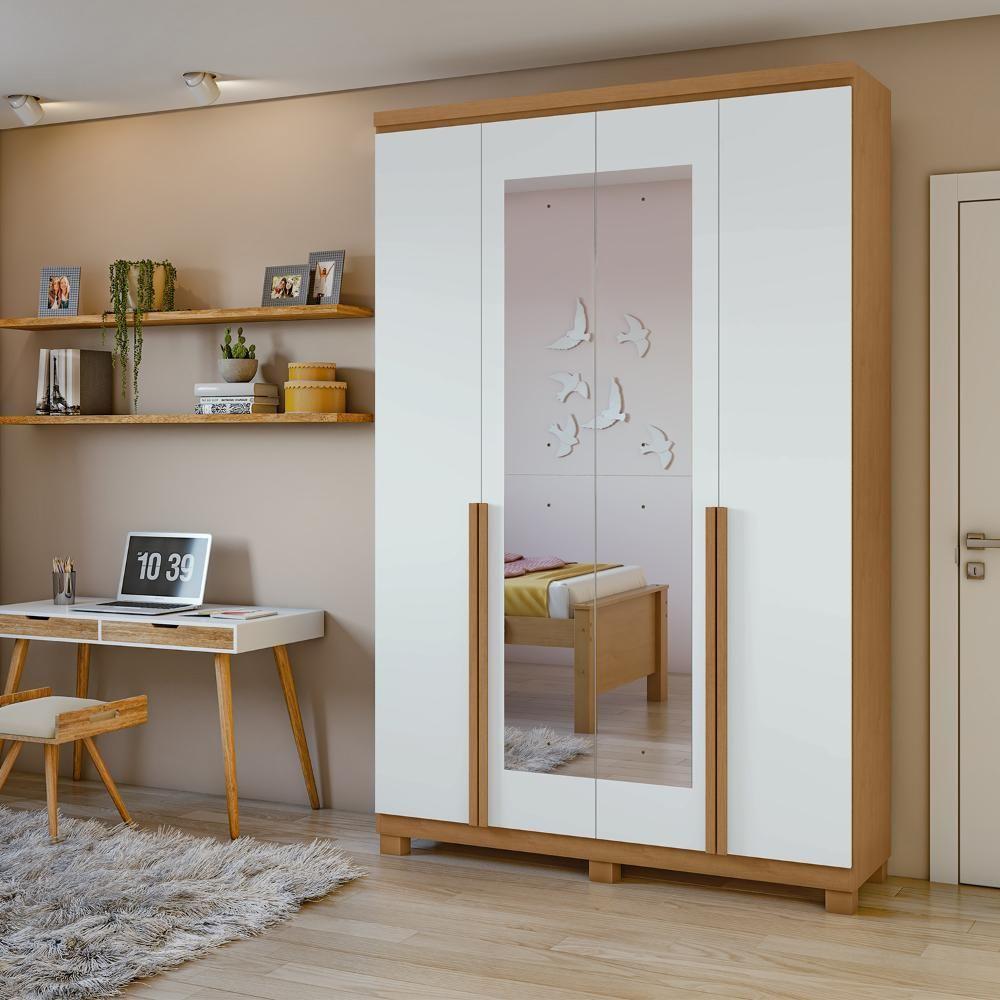 Guarda-roupa Solteiro Alonzo 4 Portas 2 Gavetas Com Espelho Amêndoa Clean/branco Lopas - 1