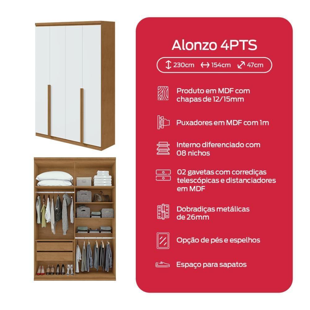 Guarda-roupa Solteiro Alonzo 4 Portas 2 Gavetas Com Espelho Amêndoa Clean/branco Lopas - 3