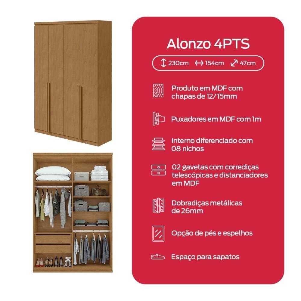 Guarda-roupa Solteiro Alonzo 4 Portas 2 Gavetas Com Espelho Amêndoa Clean Lopas - 4