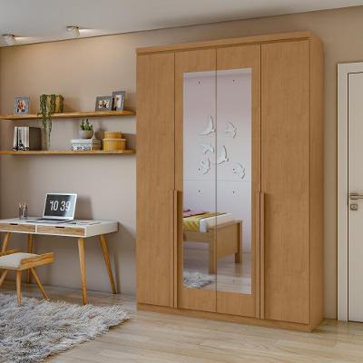 Guarda-roupa Solteiro Alonzo 4 Portas 2 Gavetas Com Espelho Amêndoa Clean Lopas