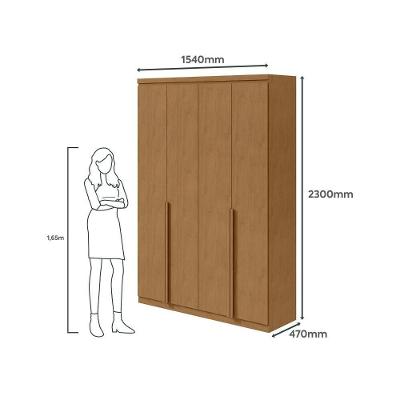 Guarda Roupa Solteiro Alonzo 4 Portas com dobradiças metálicas 2 Gavetas Amêndoa