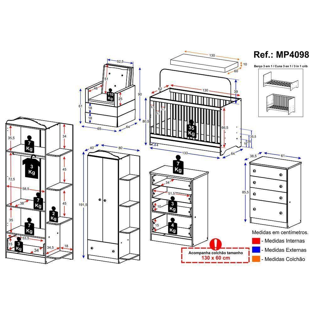 Quarto Completo Com Colchão E Poltrona De Amamentação João E Maria Mp4098 Branco Branco - 4