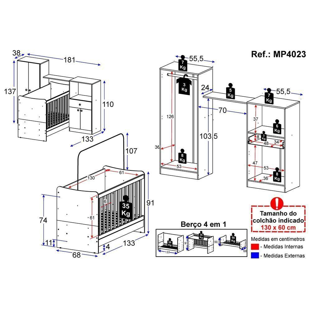Quarto Infantil Com Berço 4 Em 1 Branco - 9