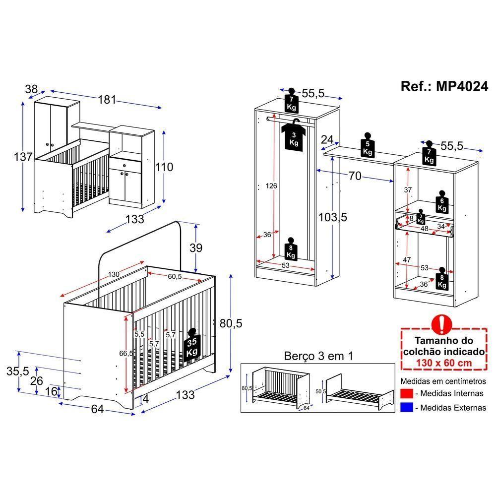 Quarto Infantil Com Berço 3 Em 1 Luíza Branco - 2