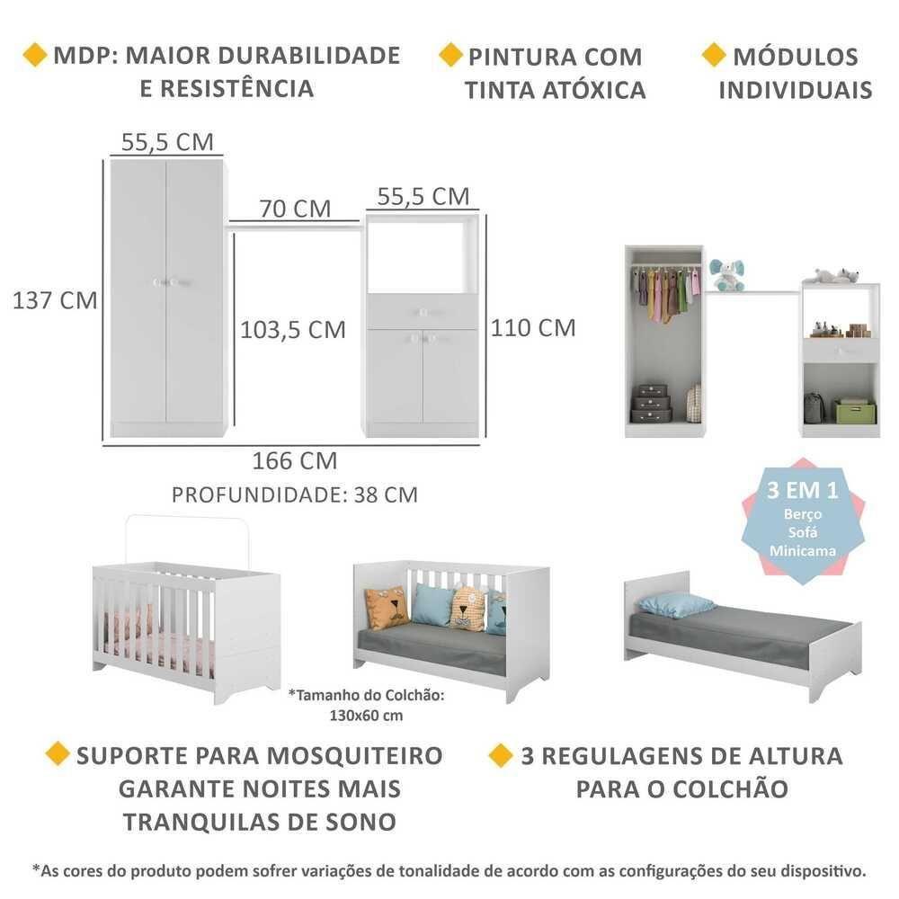 Quarto Infantil Com Berço 3 Em 1 Luíza Branco - 7