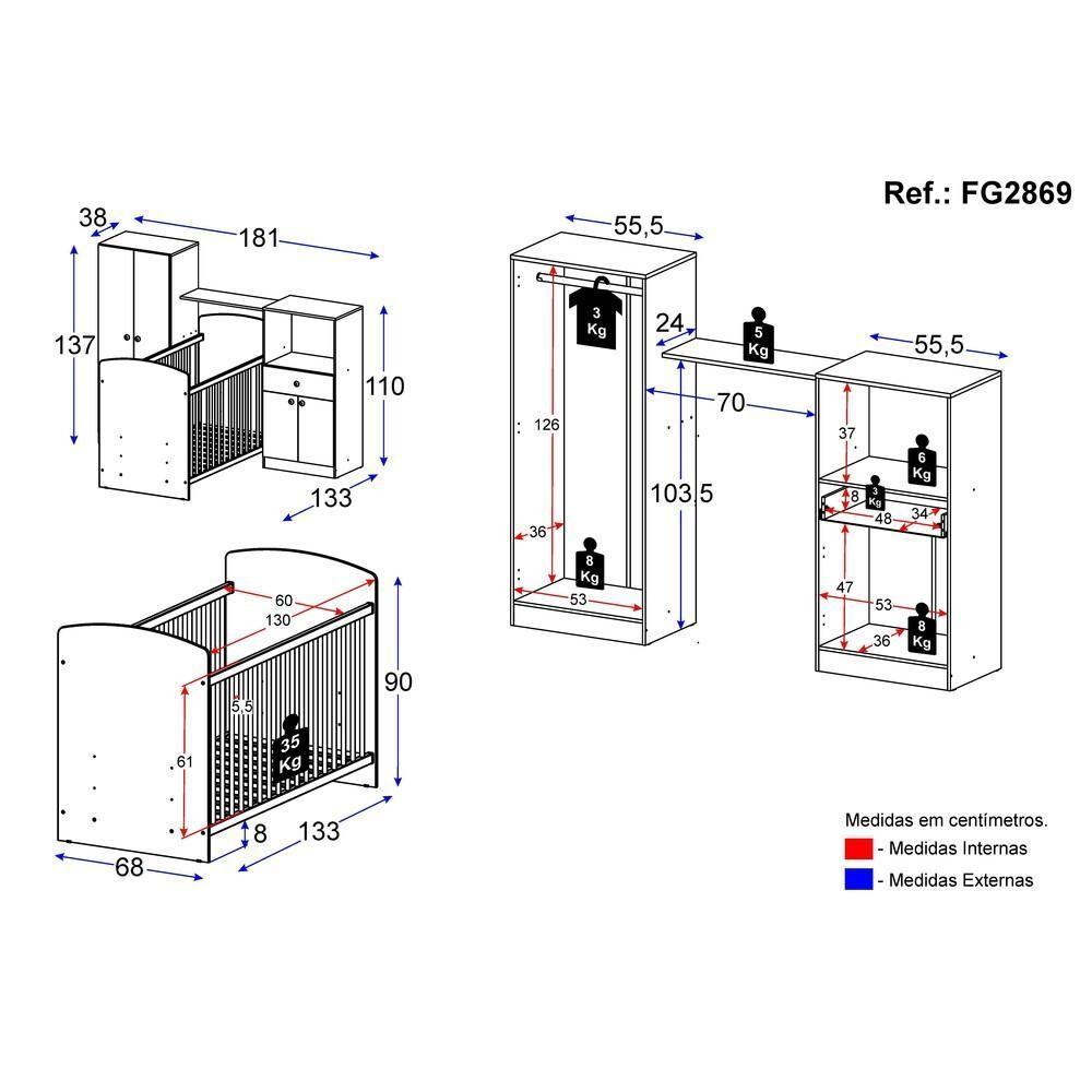 Quarto De Bebê Completo Berço/guarda-roupa/cômoda Fg2869 Branco - 6