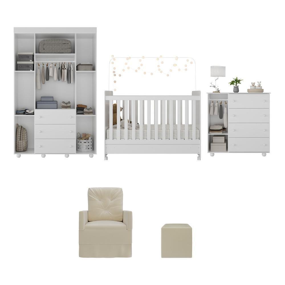 Quarto Completo Com Poltrona De Amamentação E Puff Pimpolho Mp4079 Branco/Bege Branco/Bege - 3