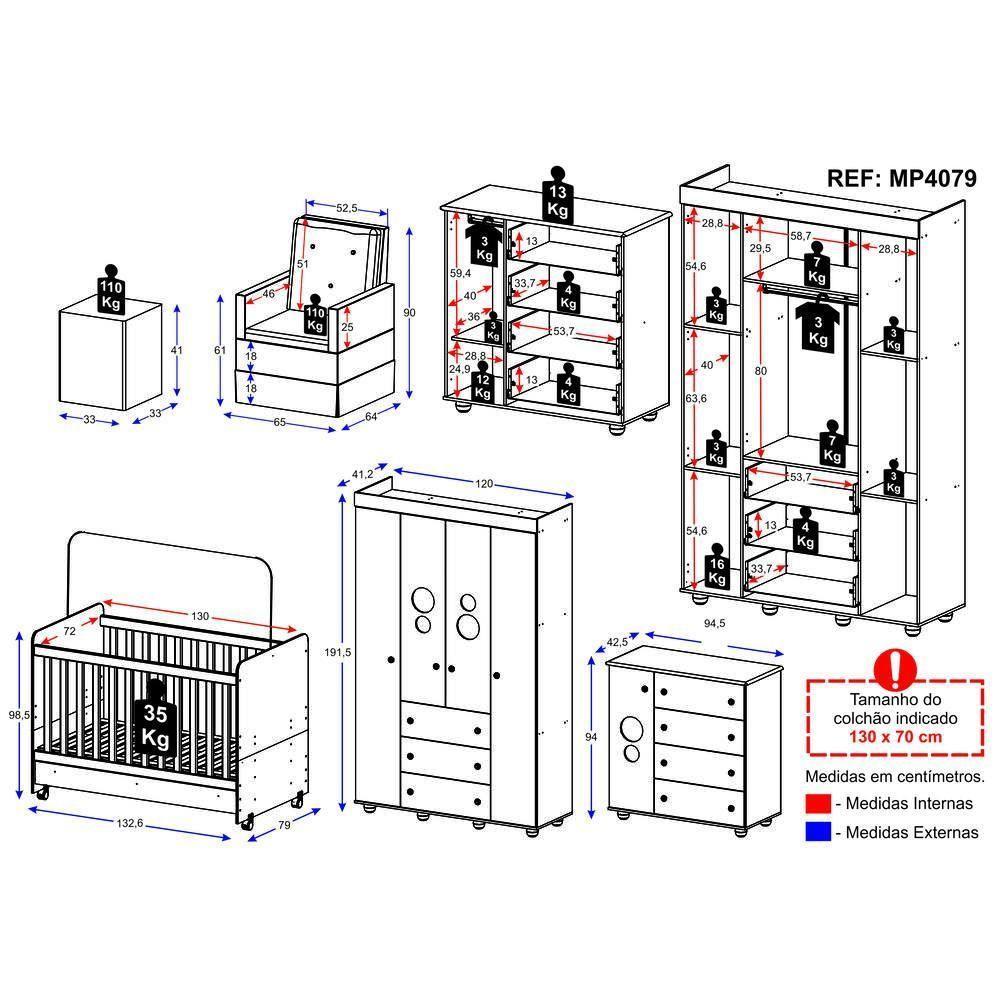 Quarto Completo Com Poltrona De Amamentação E Puff Pimpolho Mp4079 Branco/Cinza Branco/Cinza - 4