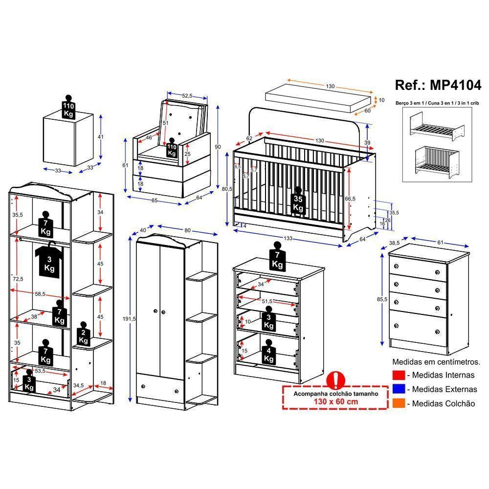 Quarto Completo Com Colchão, Poltrona Amamentação/Puff João E Maria Mp4104 Branco/Cinza Branco/Cinza - 4