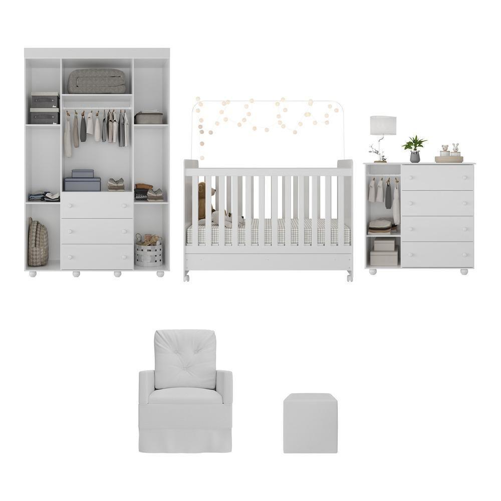 Quarto Completo Com Colchão, Poltrona De Amamentação E Puff Pimpolho Mp4109 Branco Branco - 3