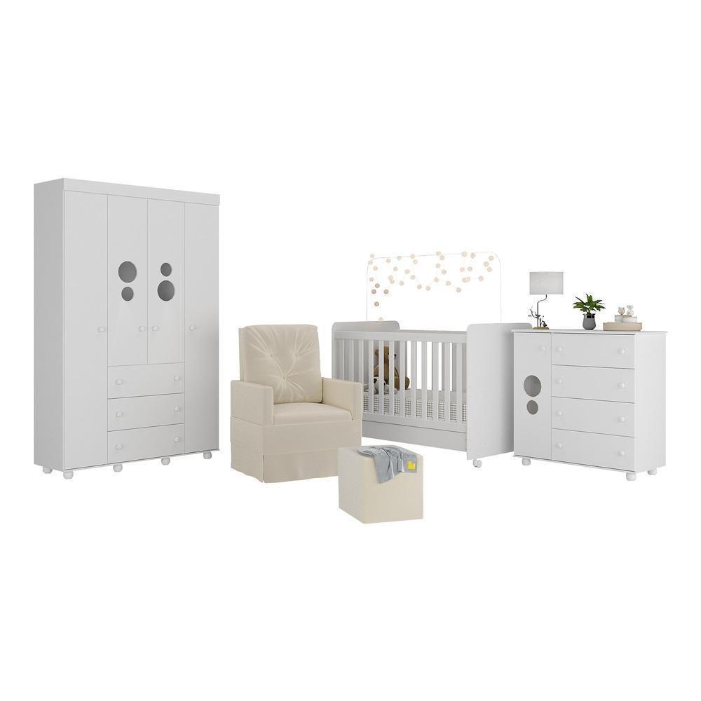 Quarto Completo Com Colchão, Poltrona De Amamentação E Puff Pimpolho Mp4103 Branco/Bege Branco/Bege - 6