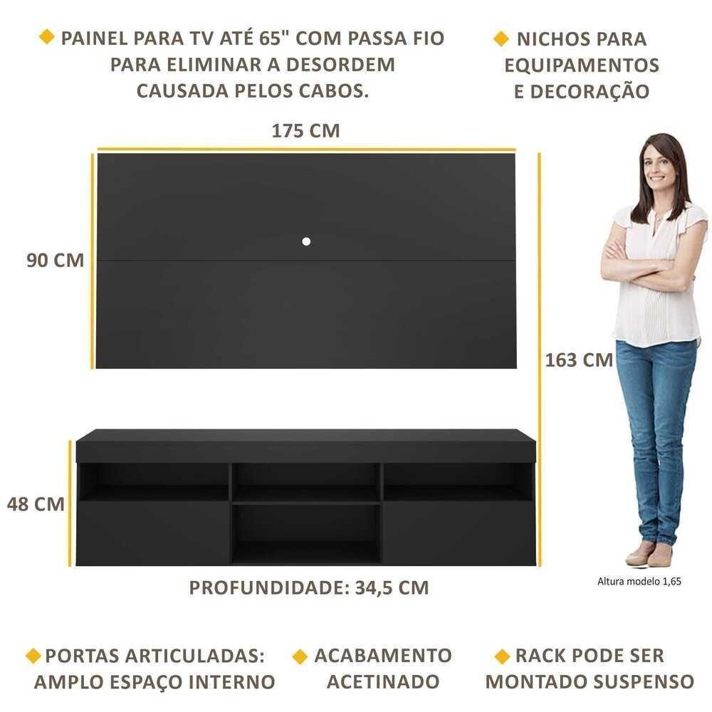 Rack Com Painel Tv 65" Suspenso Flórida Multimóveis V3299 Preto Preto - 6