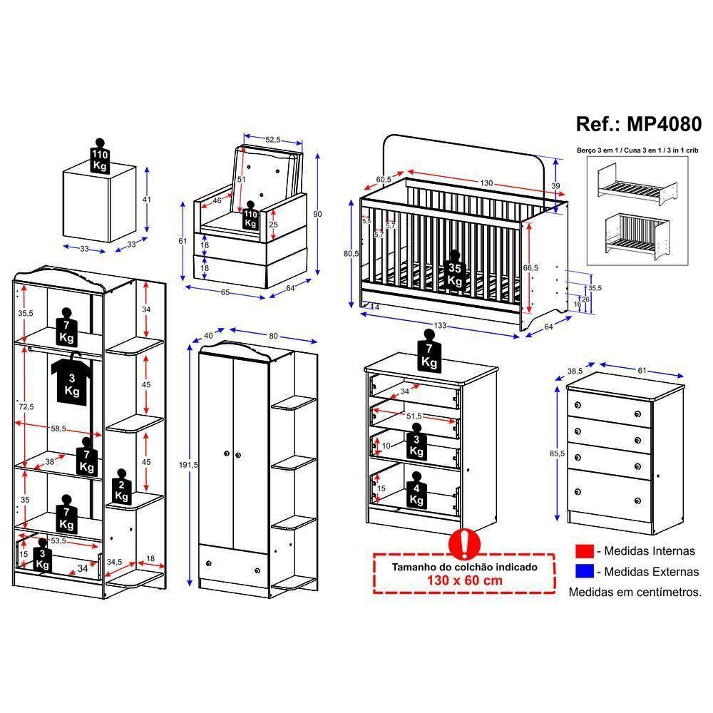 Quarto Infantil Completo Com Poltrona De Amamentação E Puff Mp4080 Branco/Cinza Branco/Cinza - 4