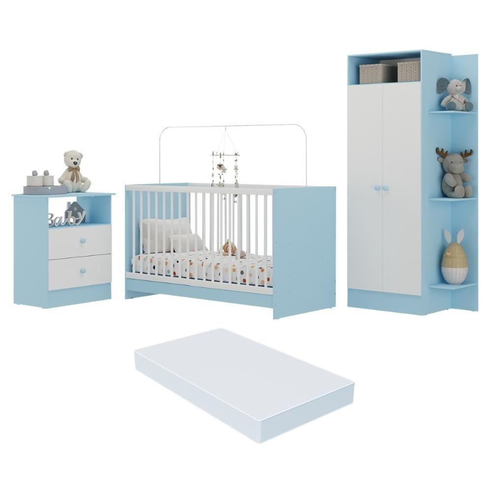 Jogo De Quarto Infantil Com Colchão Incluso Trevalla Móveis Pom Pom - Azul-branco Azul-branco - 1