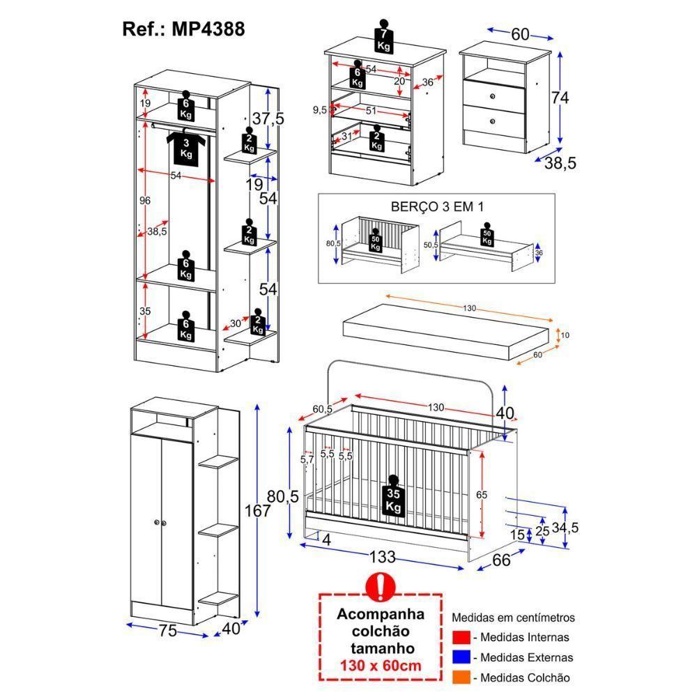 Jogo De Quarto Infantil Com Colchão Incluso Trevalla Móveis Pom Pom - Azul-branco Azul-branco - 5
