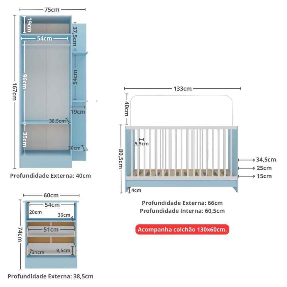 Jogo De Quarto Infantil Com Colchão Incluso Trevalla Móveis Pom Pom - Azul-branco Azul-branco - 10