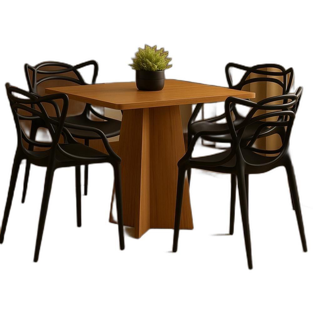 Mesa De Jantar Quadrada 90x90cm Com 4 Cadeiras Allegra Pretas Base De Madeira Design Moderno - 1