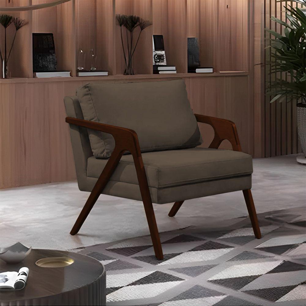 Poltrona Mona Monique Luxo Base Madeira Maciça Castanho Veludo Marrom - 1