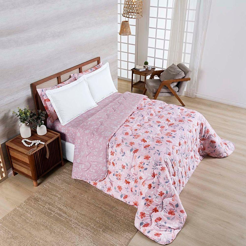 Edredom Cobertor Belle King 400 Fios Dupla Face Estampado Floral Rosê - 1