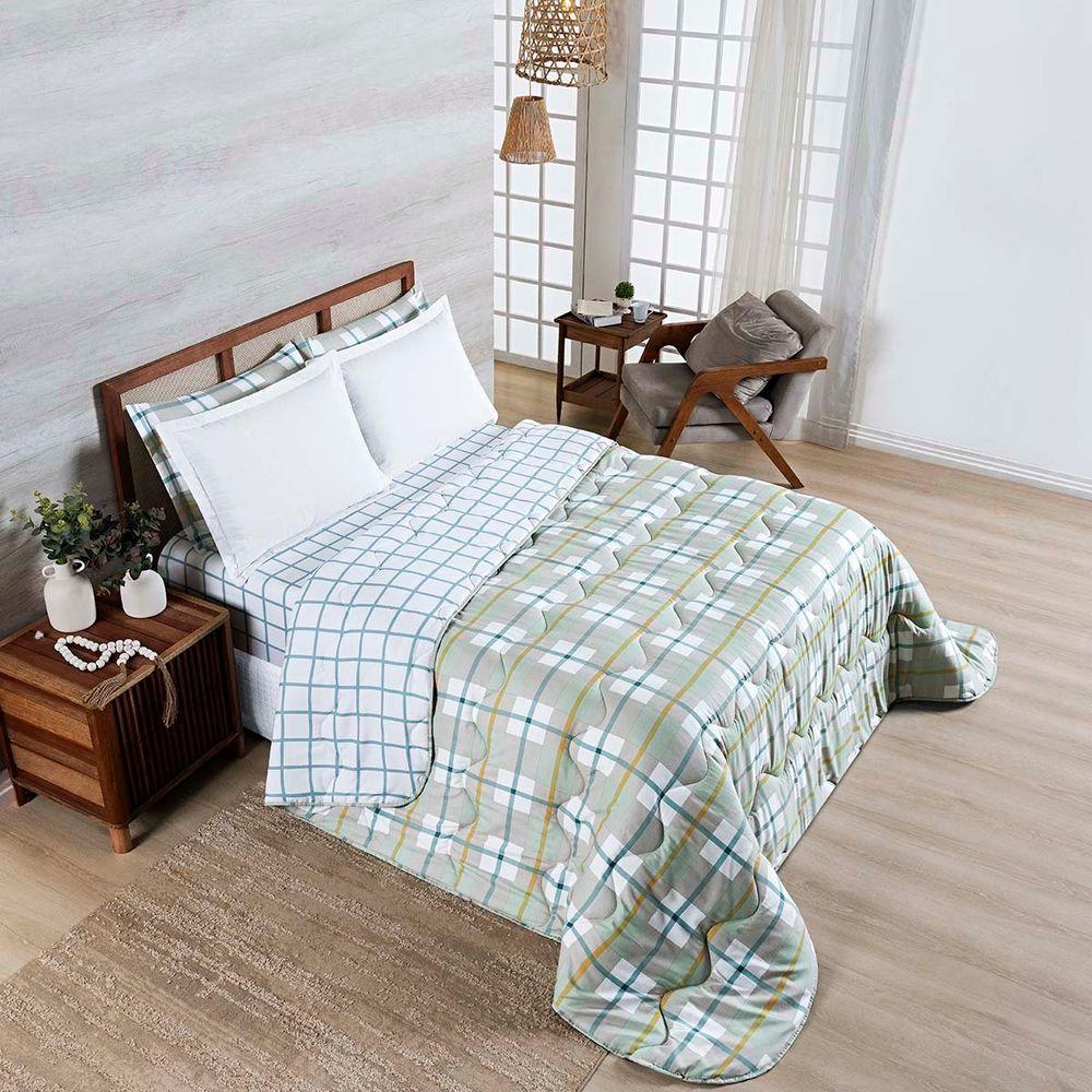 Edredom Cobertor Belle Queen 400 Fios Dupla Face Estampado Grid Xadrez Verde - 1