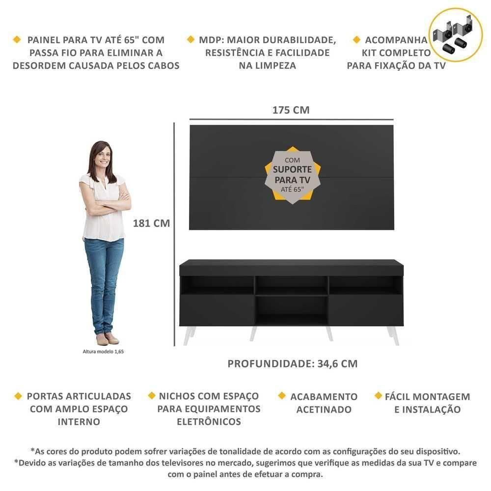Rack Com Painel E Suporte Tv 65" Retrô Flórida Multimóveis V3134 Preto/Branco Preto/Branco - 5