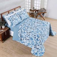 Kit Cobre Leito Colcha Belle Queen Estampado Dupla Face 400 Fios 3 Peças Florido Azul - 1