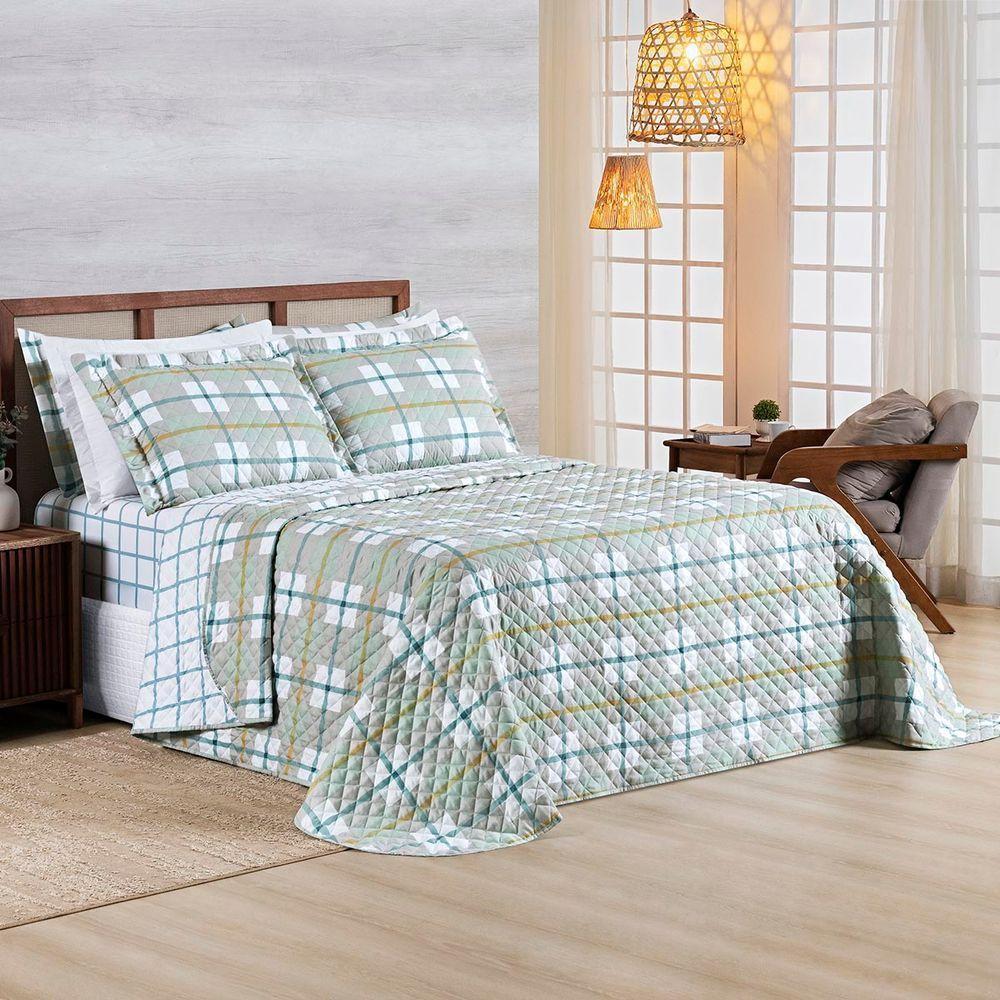 Kit Cobre Leito Colcha Belle Queen Estampado Dupla Face 400 Fios 3 Peças Grid Verde - 2