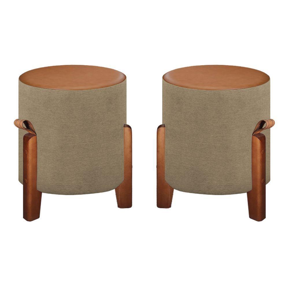 2 Puff Estofado Luna Tecido Linho E Couro Pés De Madeira Linho Bege - 1