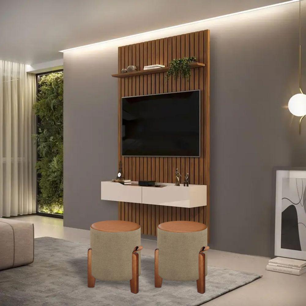 2 Puff Estofado Luna Tecido Linho E Couro Pés De Madeira Linho Bege - 2