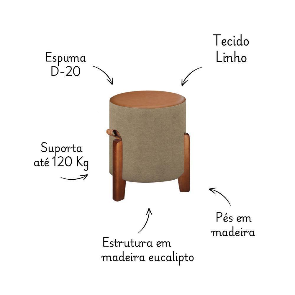 2 Puff Estofado Luna Tecido Linho E Couro Pés De Madeira Linho Bege - 3