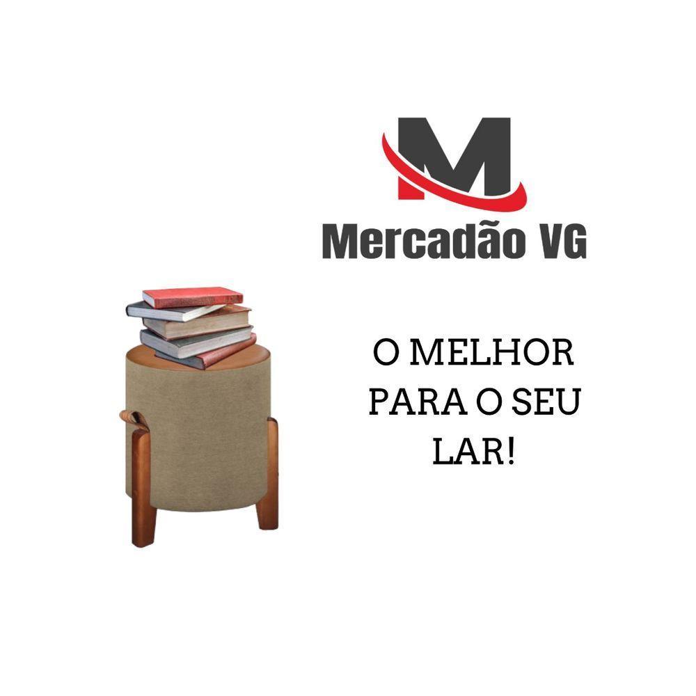 2 Puff Estofado Luna Tecido Linho E Couro Pés De Madeira Linho Bege - 6