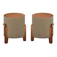 2 Puff Estofado Luna Tecido Linho E Couro Pés De Madeira Linho Bege - 1