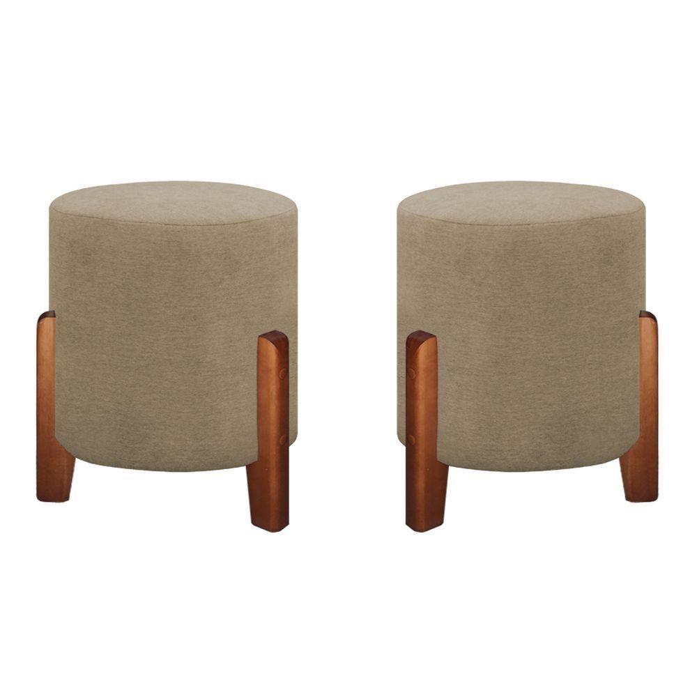 Kit 2 Puff Luna Redondo Pés Em Madeira Maciça Tecido Linho Cinza - 1