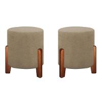 Kit 2 Puff Luna Redondo Pés Em Madeira Maciça Tecido Linho Cinza - 1