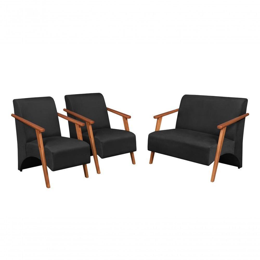Conjunto Venus Braços Em Madeira Maciça 1 Namoradeira 2 Poltronas Suede Unidecor Preto - 1