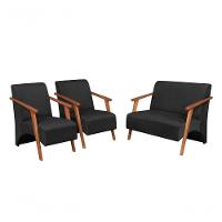 Conjunto Venus Braços Em Madeira Maciça 1 Namoradeira 2 Poltronas Suede Unidecor Preto - 1