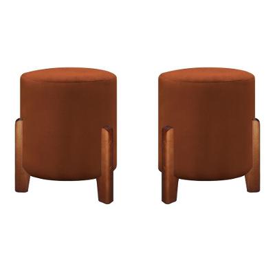Puff Banqueta Decorativo Luna Linho Veludo Pés Madeira veludo Terracota