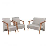 Conjunto Venus Braços Em Madeira Maciça 1 Namoradeira 2 Poltronas Suede Unidecor Bege - 1