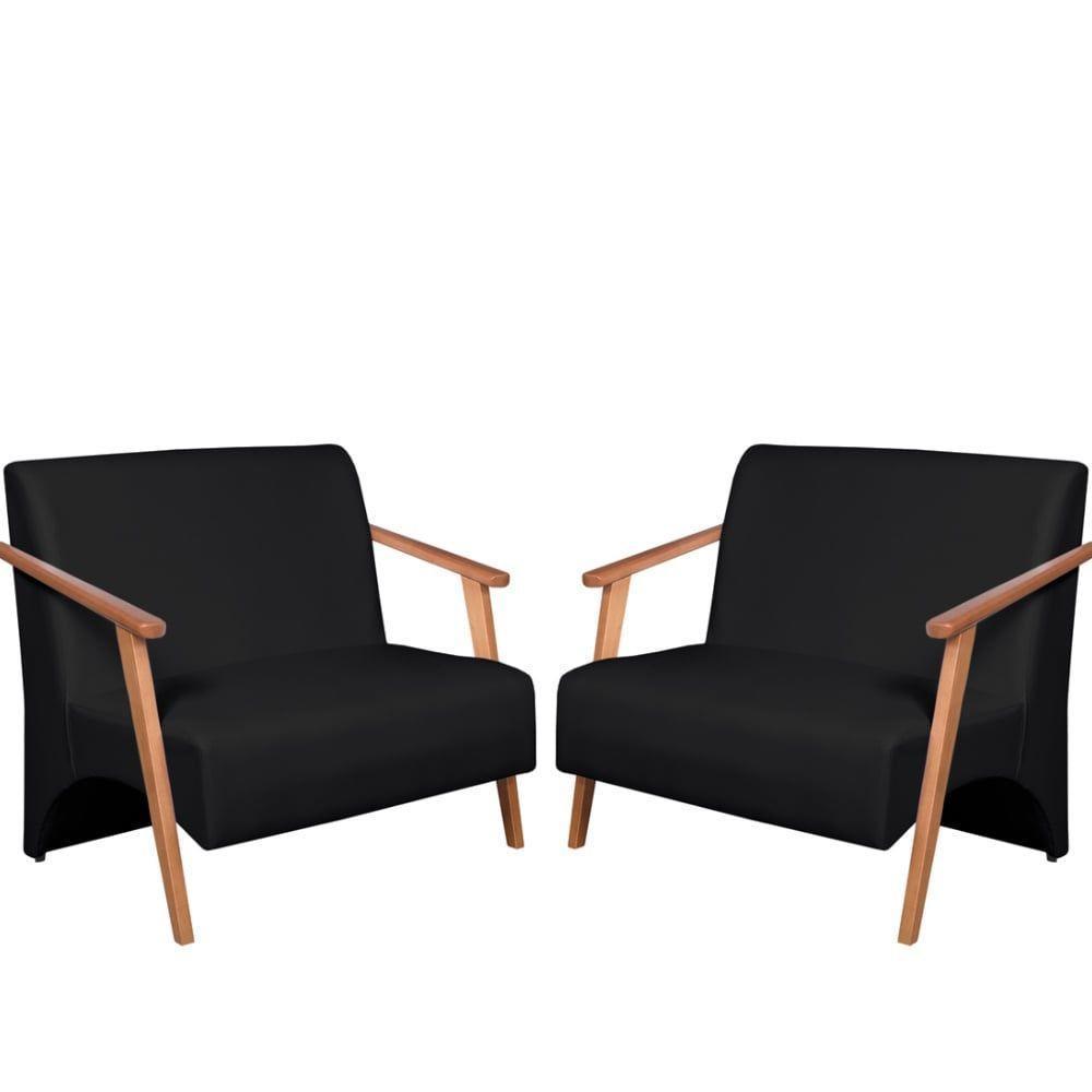 Kit 2 Poltronas Namoradeira Venus Braço Madeira Maciça Tecido Sintético Unidecor Preto - 1