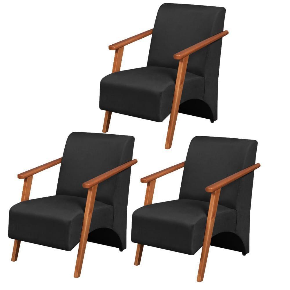 Kit 3 Poltronas Venus 1 Lugar Braço Madeira Maciça Tecido Suede Unidecor Preto - 1
