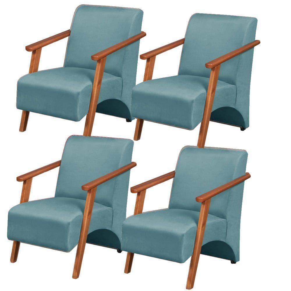 Kit 4 Poltronas Venus 1 Lugar Braço Madeira Maciça Tecido Suede Unidecor Turquesa - 1