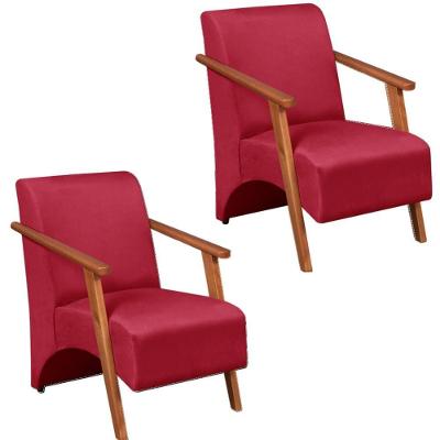 Kit 2 Poltrona Venus 1 Lugar Braço Madeira Maciça Tecido Suede Unidecor Vermelho