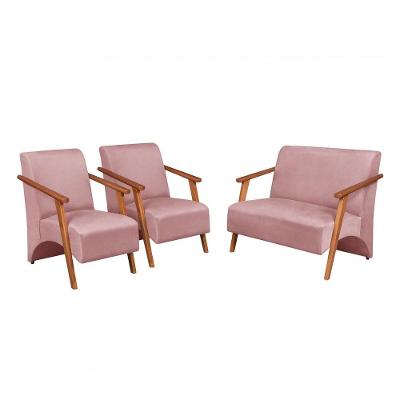 Conjunto Venus Braços Em Madeira Maciça 1 Namoradeira 2 Poltronas Suede Unidecor Rosa